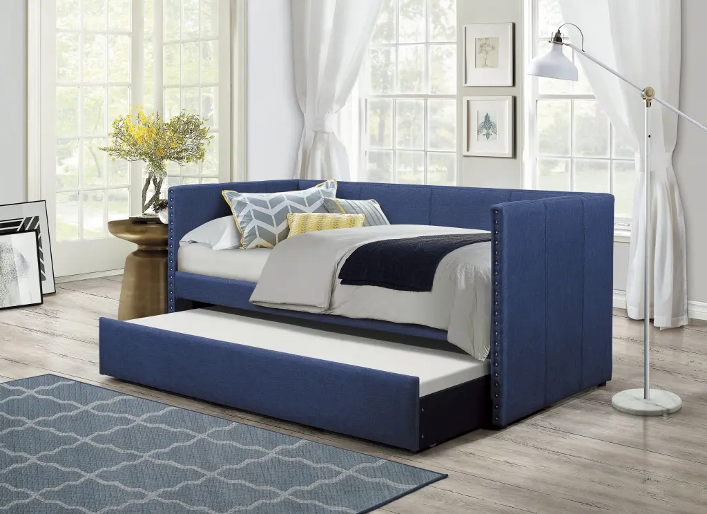 Blue Upholstered Day Bed Pull Out Trundle and Timber Frame kanepe