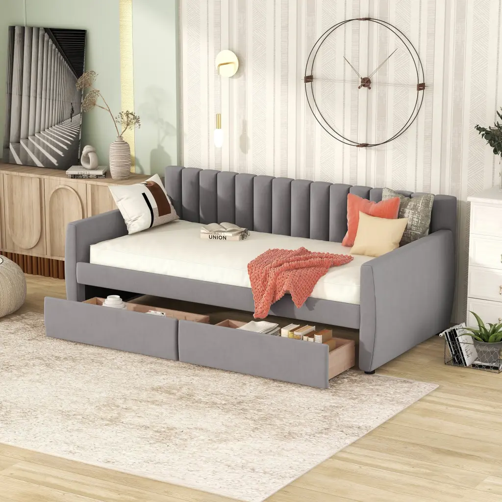 Twin Size Upholstered Daybed Drawers and Wood Slat Support Gray Fabric lucky furniture