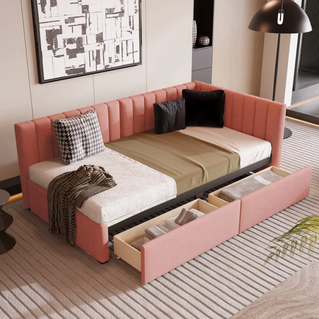 Upholstered Daybed 2 Storage Drawers Twin Size Sofa Bed Frame lucky furniture
