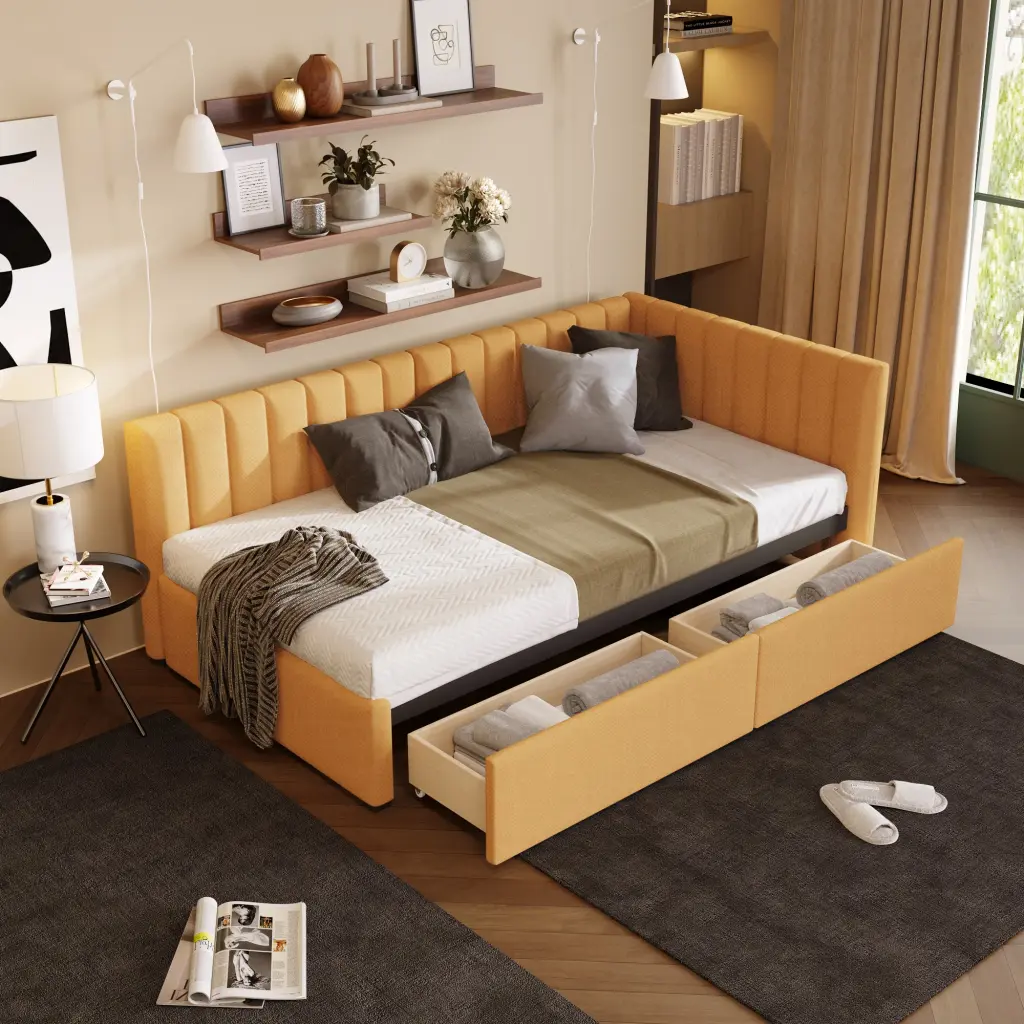 Upholstered Daybed 2 Storage Drawers Twin Sofa Bed Frame lucky furniture