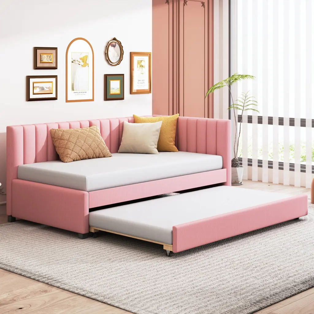 Upholstered Daybed Trundle Twin Sofa Bed Frame No Box Spring lucky furniture