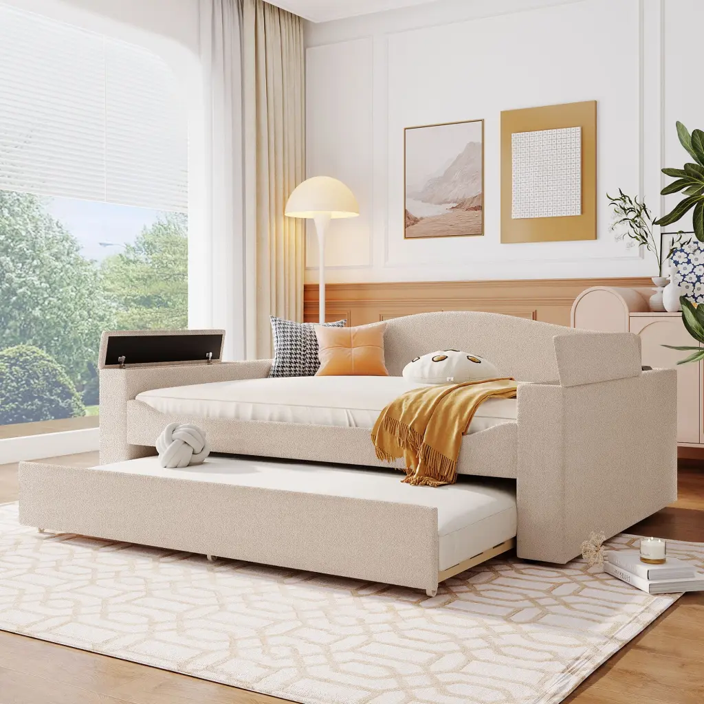 Full Dimensions Upholstered Daybed Storage Armrests and Trundle - Latest Design lucky world
