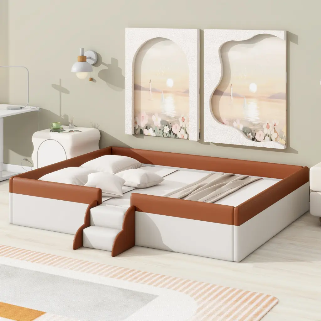 Queen Dimensions Upholstered Daybed Frame Fence and Stairs, Brown and White lucky world