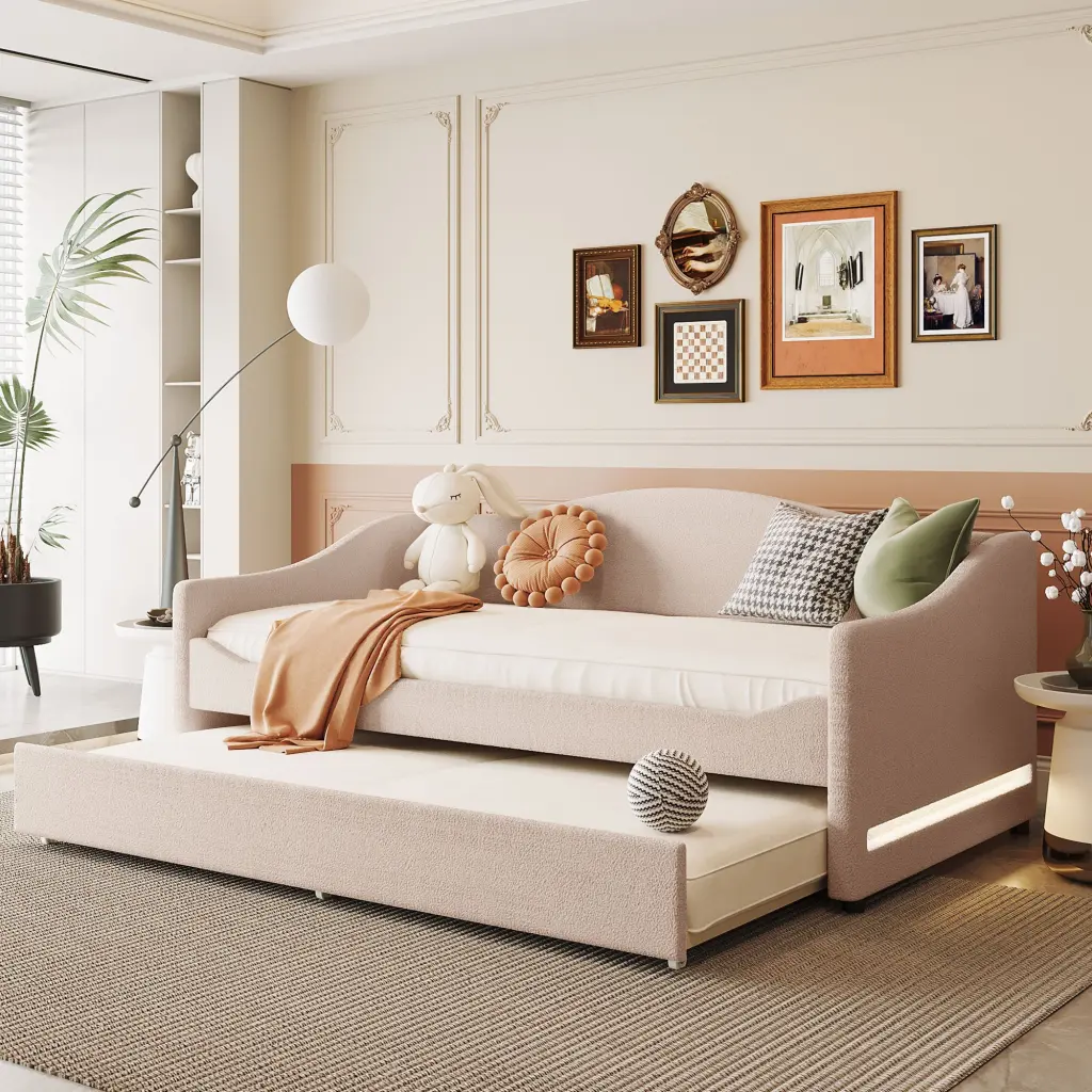 Teddy Fleece Twin Size Upholstered Daybed Light and Trundle Beige lucky world