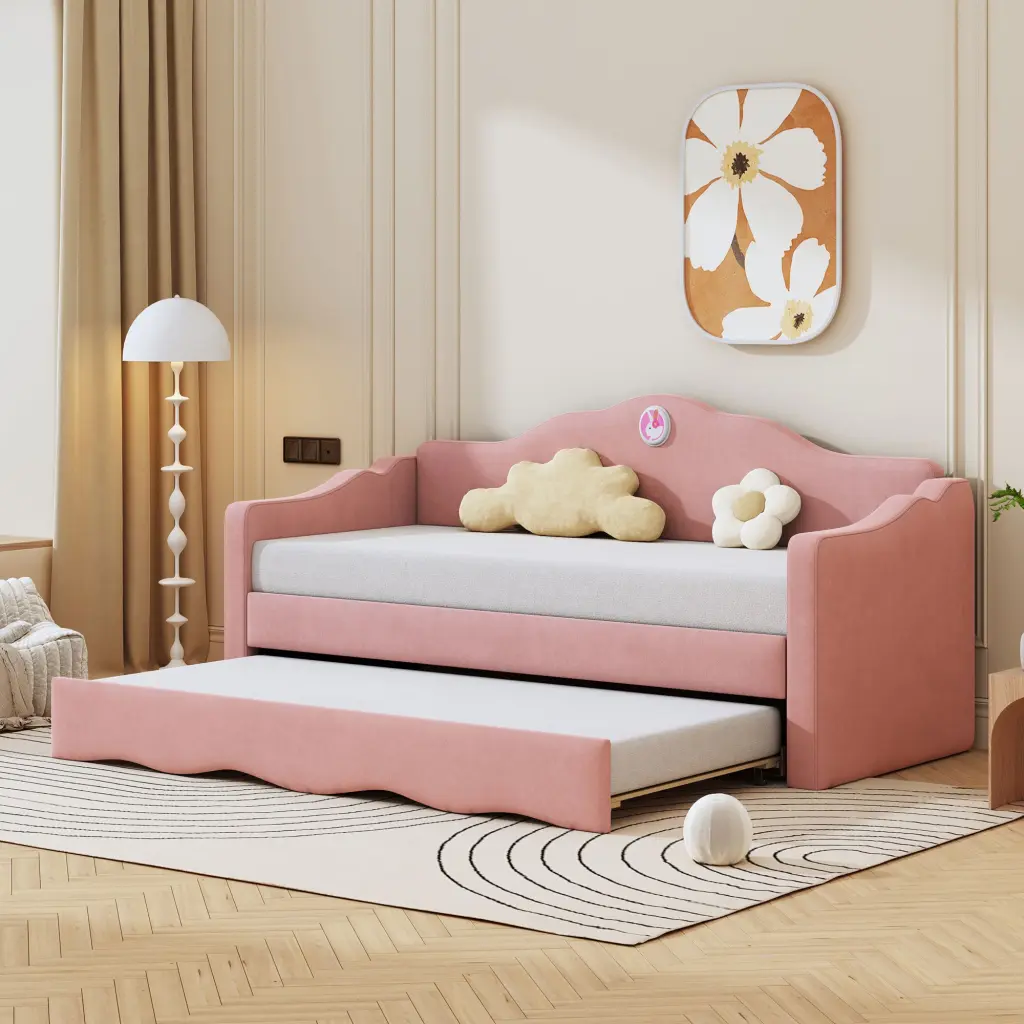 Twin Dimensions Pink Upholstered Daybed Wave Shaped Trundle lucky world