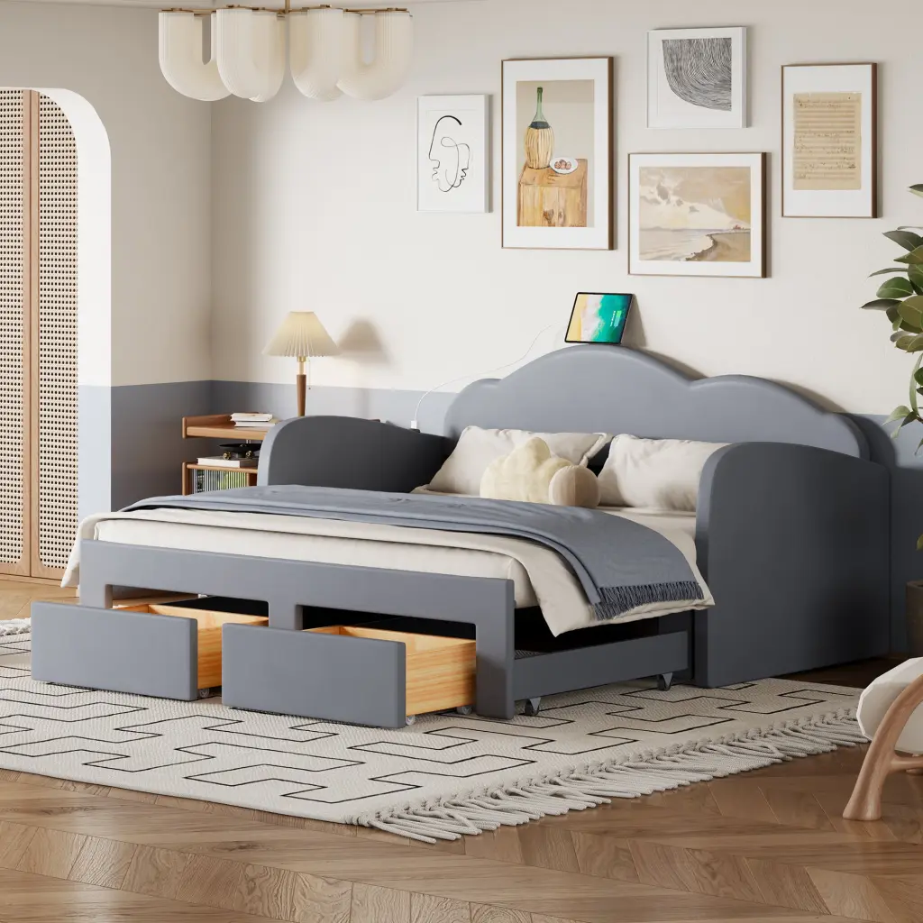 Twin Size Upholstered Daybed Cloud Backrest, Trundle, and 2 Drawers lucky world