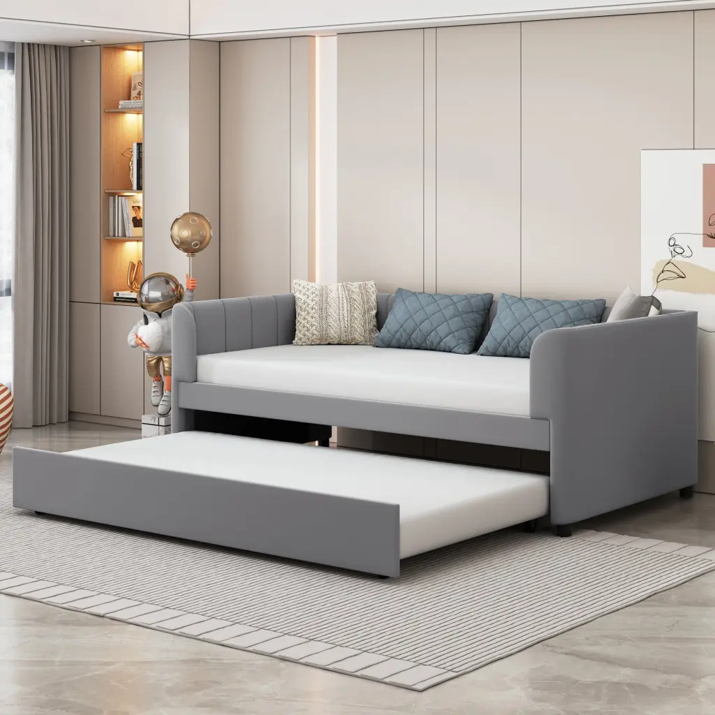 Twin Upholstered Daybed Comfort-fit Design Backrest And Trundle lucky world