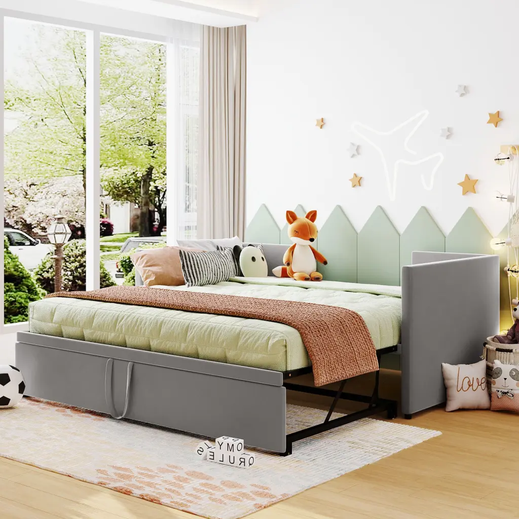 Twin Upholstered Daybed Pop Up Trundle Gray lucky world