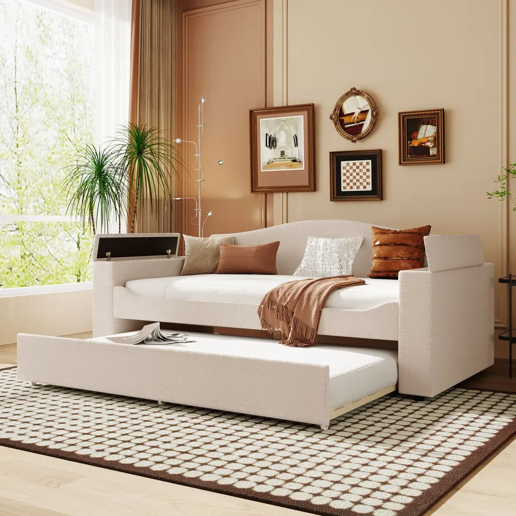 Twin Upholstered Daybed Storage Armrests Trundle and Latest Design lucky world
