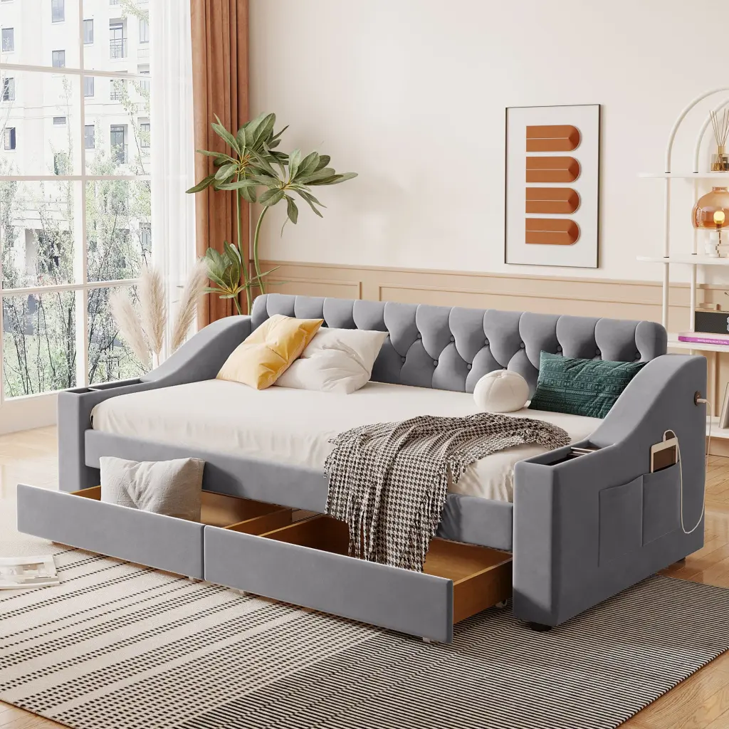 Twin Upholstered Daybed Storage Armrests and USB Port Gray lucky world