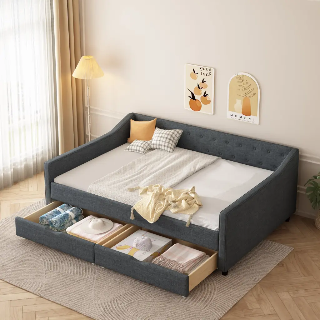 Full Dimensions Daybed Drawers Upholstered Tufted Sofa Bed Button Design rnb