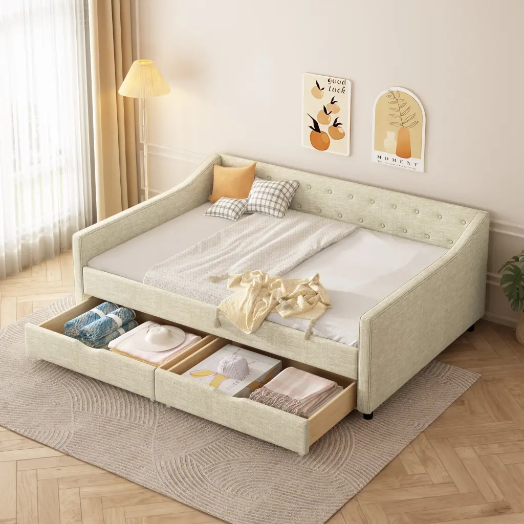 Full Size Daybed Drawers Upholstered Tufted Sofa Bed rnb