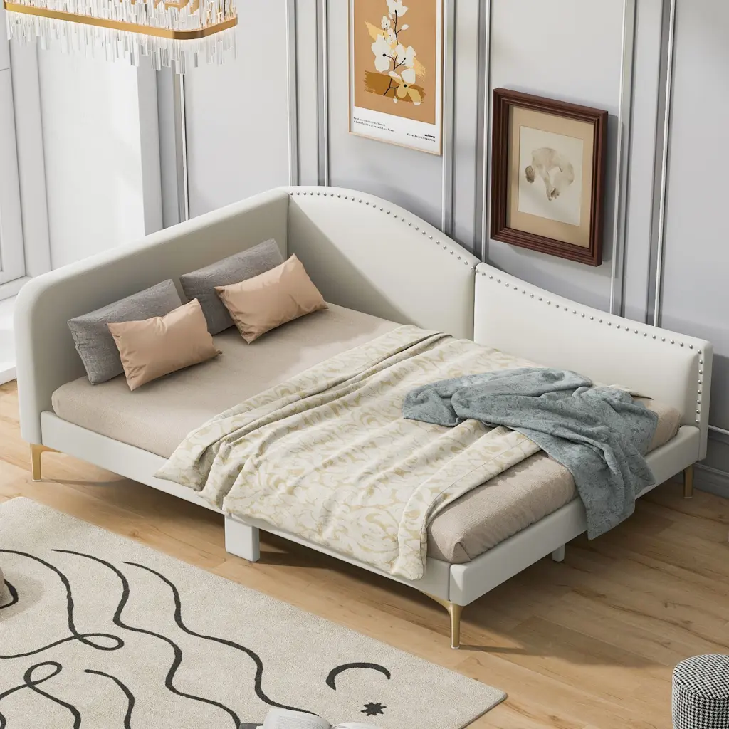 Full Dimensions Upholstered Daybed Headboard And Armrest Assistance Legs Modern Design wm dreamland