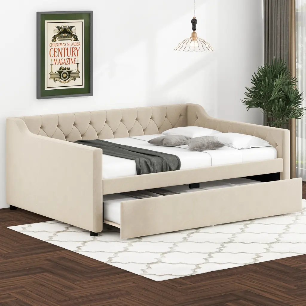Full Dimensions Upholstered Tufted Daybed Twin Trundle Beige wm dreamland