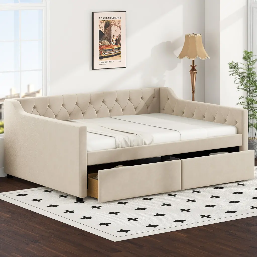 Full Upholstered Tufted Daybed 2 Drawers Beige Box Spring Not Included wm dreamland