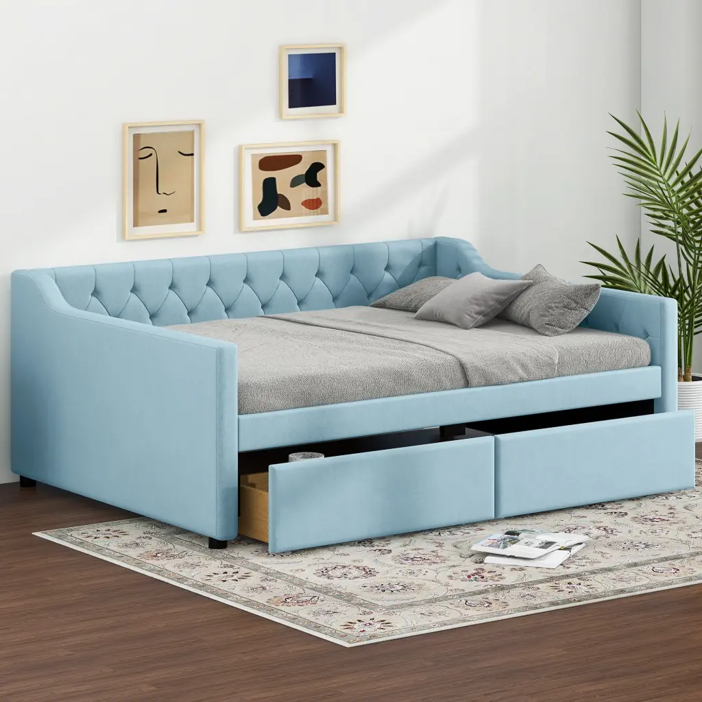 Full Upholstered Tufted Daybed 2 Drawers Blue Box Spring Not Included wm dreamland
