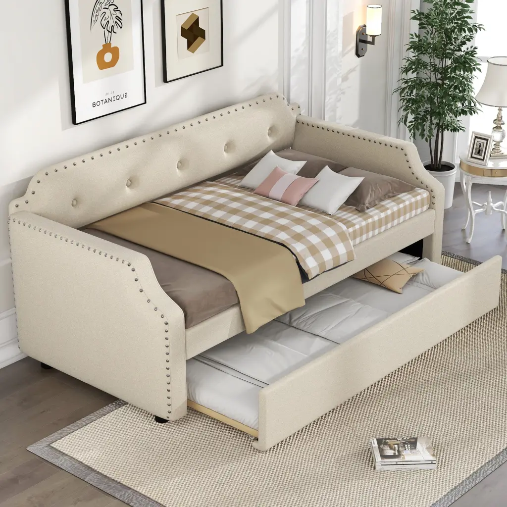 Upholstered Daybed Trundle Timber Slat Assistance Upholstered Frame Sofa Bed wm store
