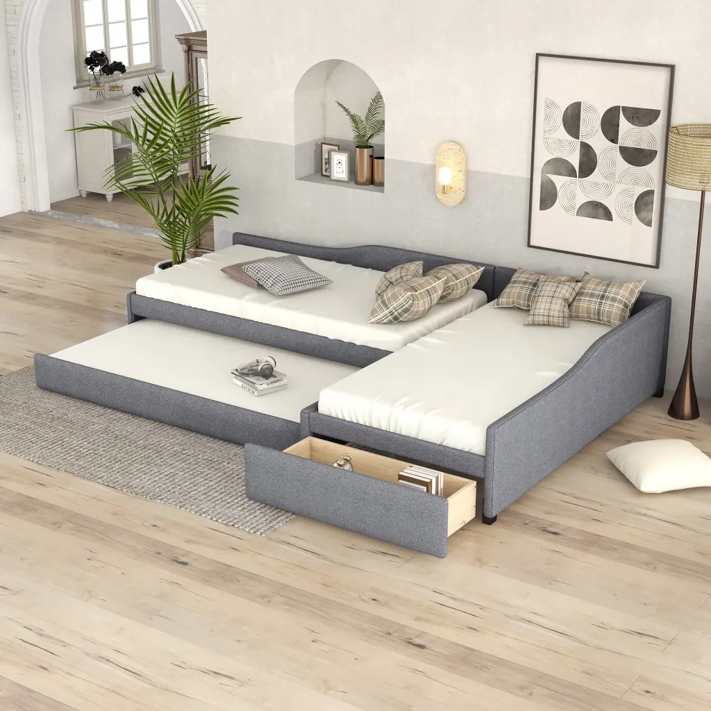 Upholstered Double Twin Daybed Trundle and Drawer Gray wm store