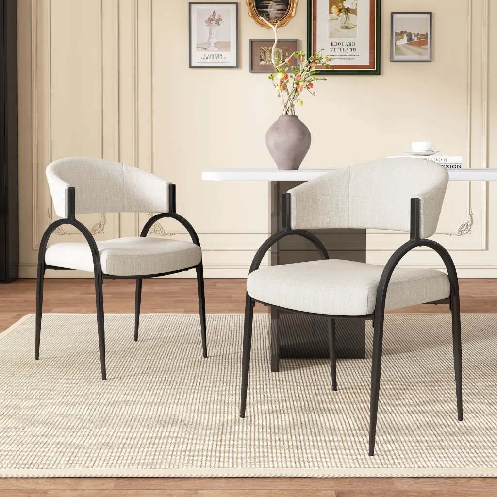 Upholstered Dining Chairs Metal Legs Set 2 Beige Fabric Modern nh-uhome