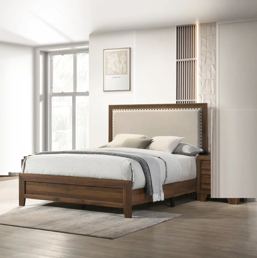 Brown Cherry Finish Fabric Upholstered Headboard Tufted Trim - Queen Size kanepe