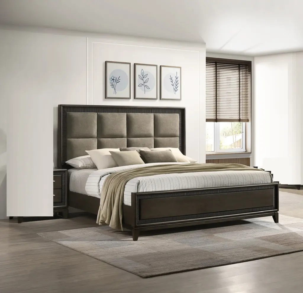 King Size Contemporary Padded Headboard Brown Finish Solid Wood Upholstered kanepe