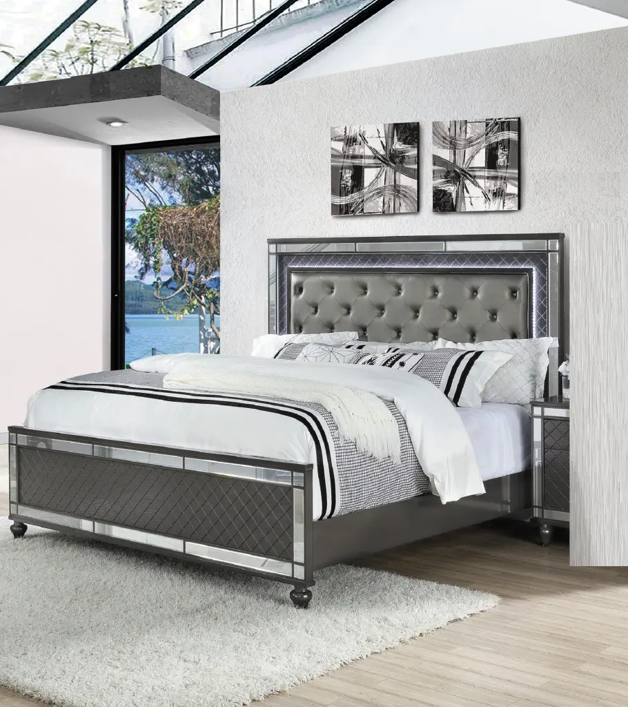 Modern Glam Style Upholstered Headboard Button Tufting and Glass Inlay kanepe