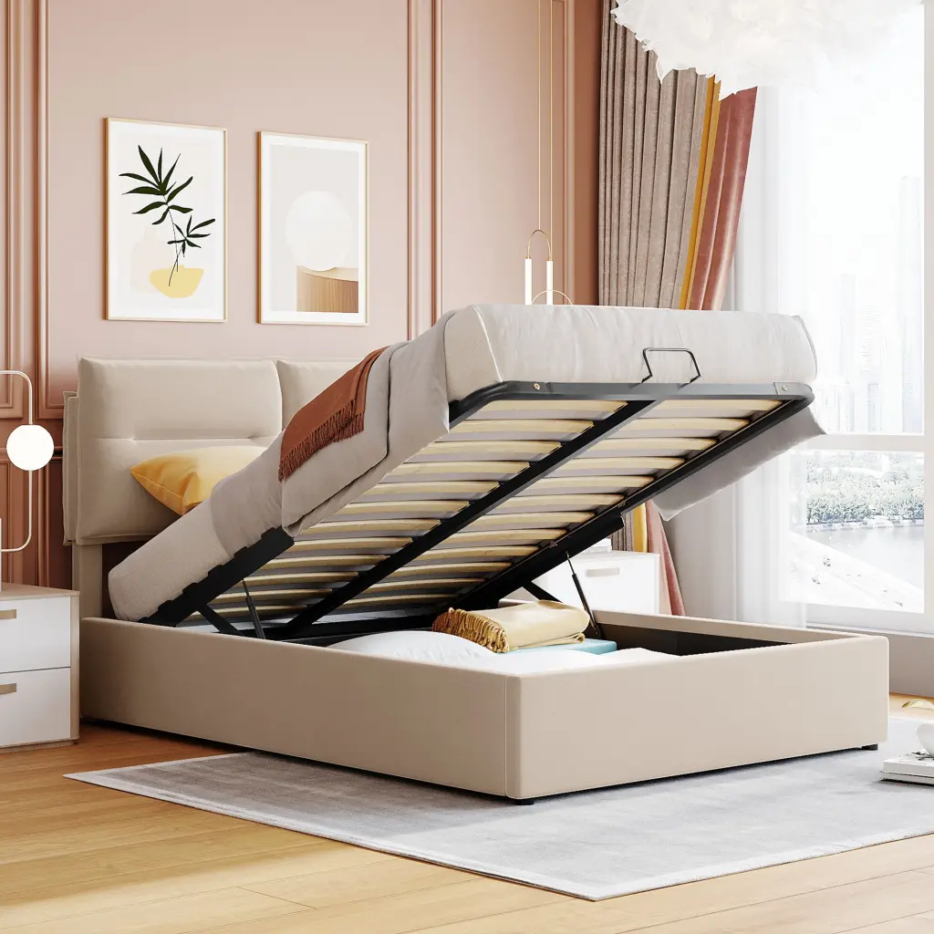 Upholstered Platform Bed Hydraulic Storage System Full Size lucky furniture