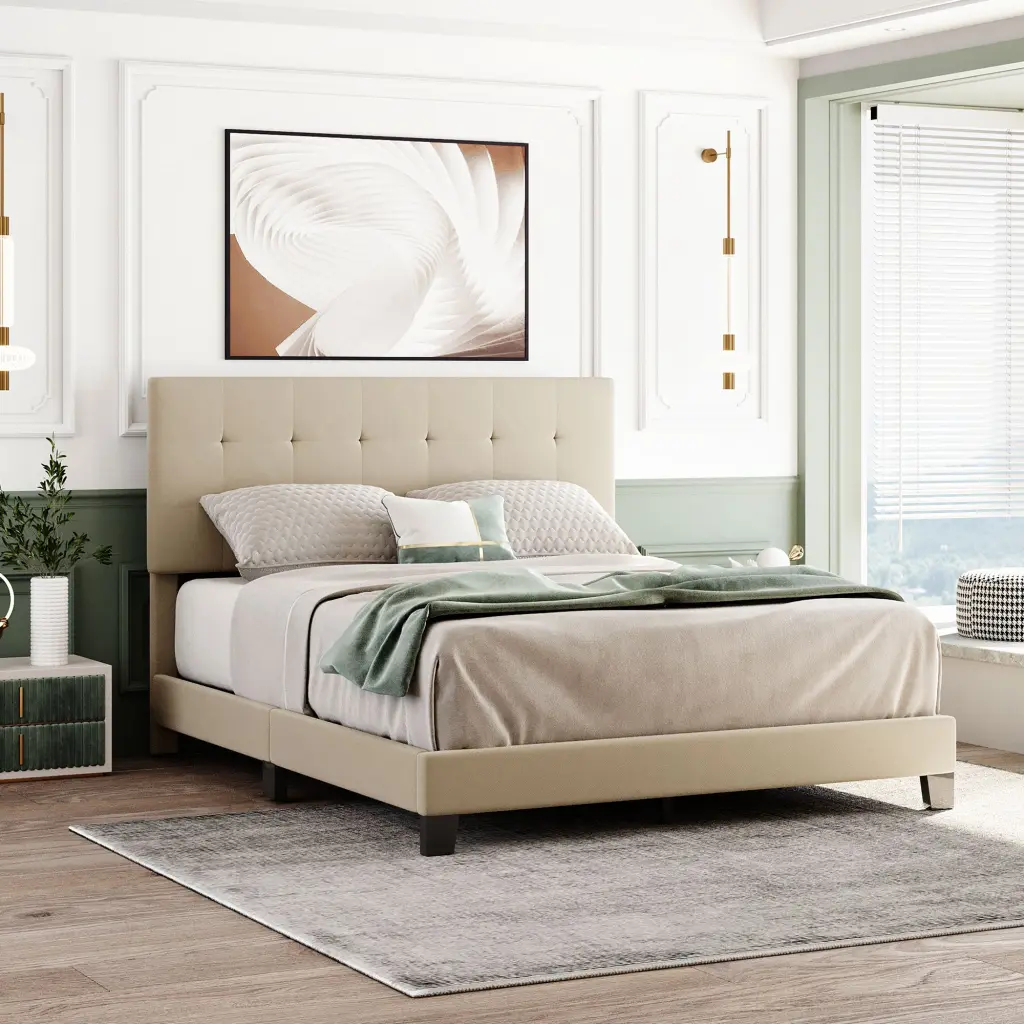 Upholstered Platform Bed Tufted Headboard Box Spring Needed Beige lucky furniture