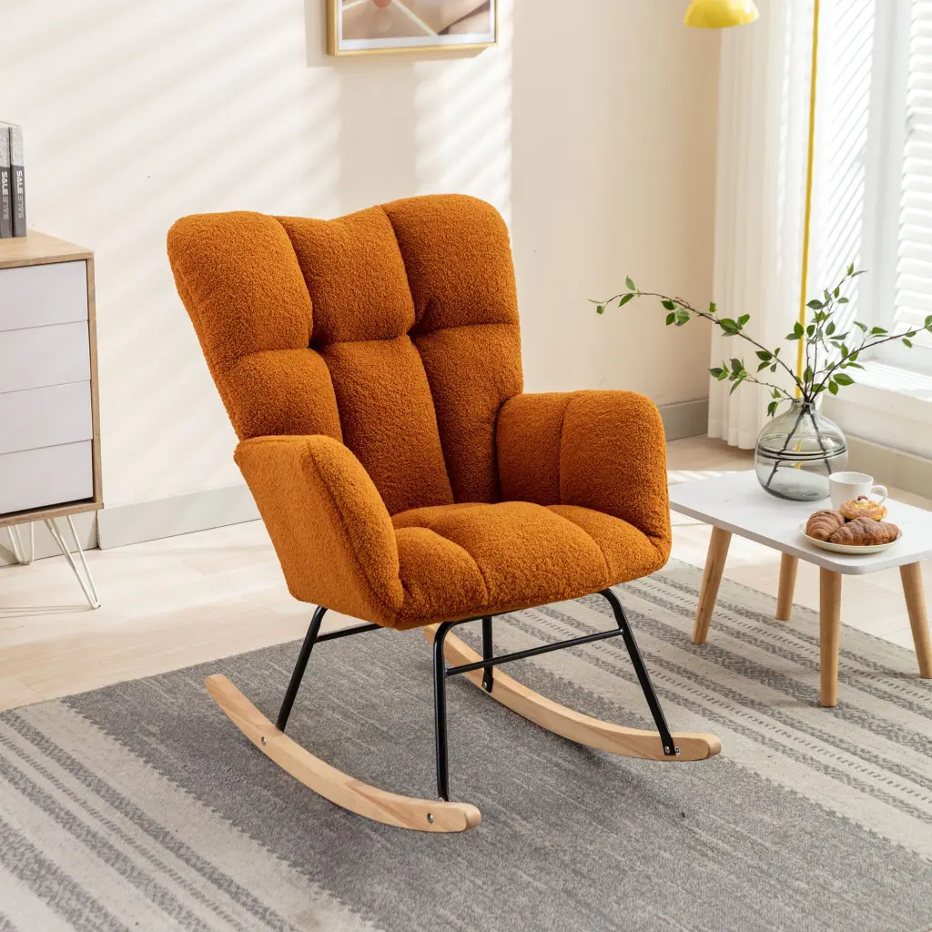 Mid Century Modern Teddy Material Tufted Upholstered Rocking Chair Padded Seat dg collection