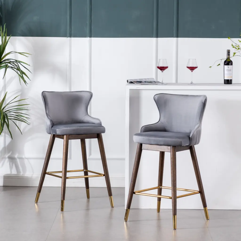 Leland Upholstered Wingback Bar Stools Set 2 Gray Polyester Fabric hz