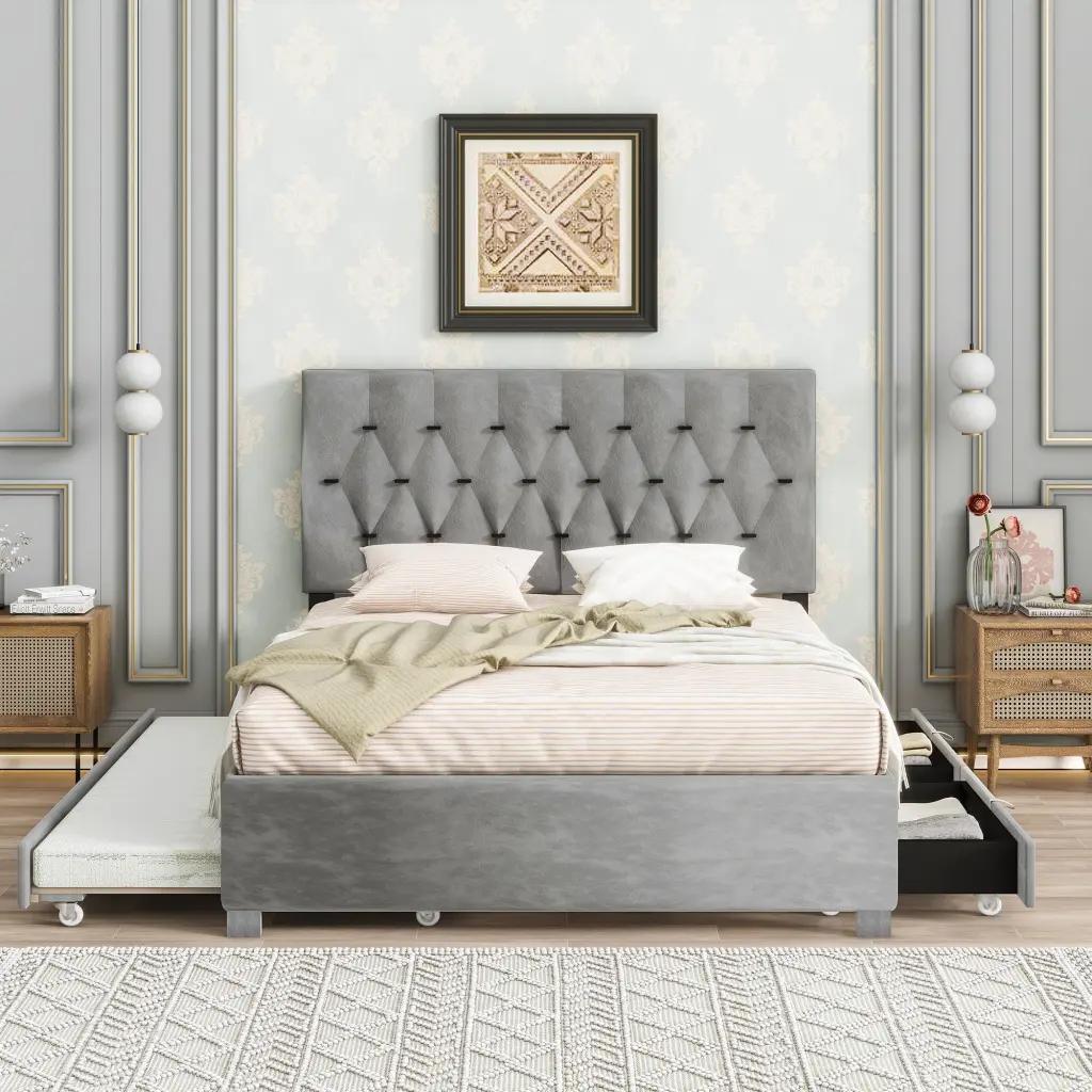 Gray Queen Trundle Bed Pull Out Drawers Upholstered Storage Bed serene home