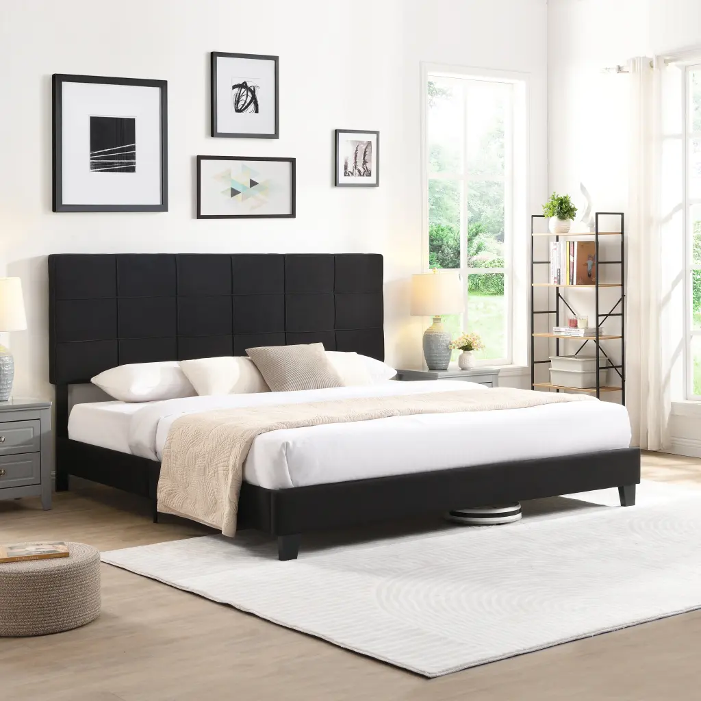 King Size Upholstered Platform Bed Frame Linen Material Headboard civilfurniture