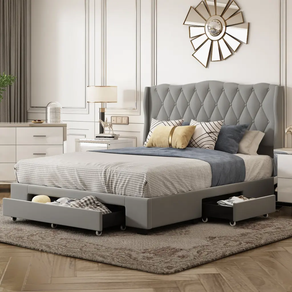 Upholstered Platform Bed Tufted Headboard and 3 Drawers No Box Spring Needed homey life