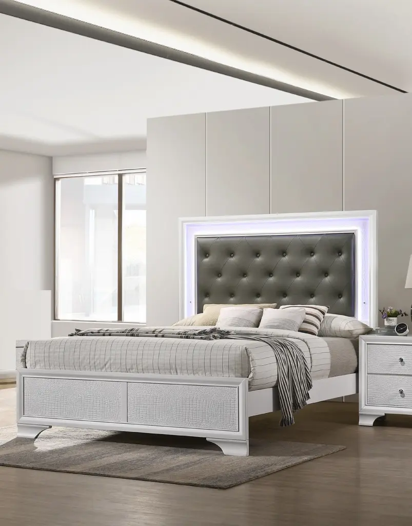 Modern White Crocodile Skin Finish Upholstered King Size Led Panel Bed kanepe