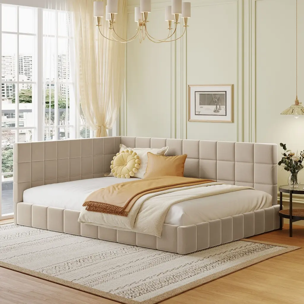 Full Dimensions Upholstered Daybed Sofa Bed Frame Beige Velvet lucky furniture