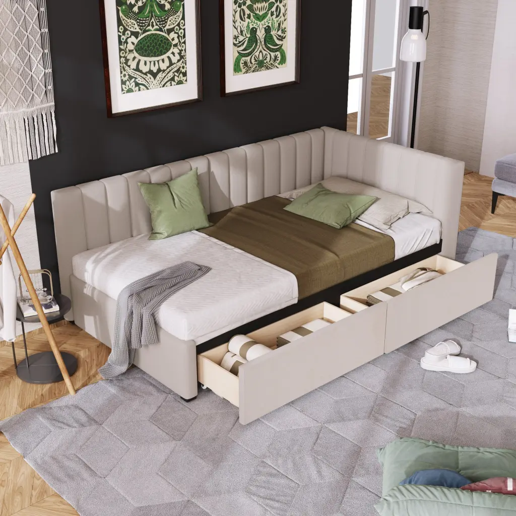 Upholstered Daybed 2 Storage Drawers Twin Sofa Bed Frame lucky furniture