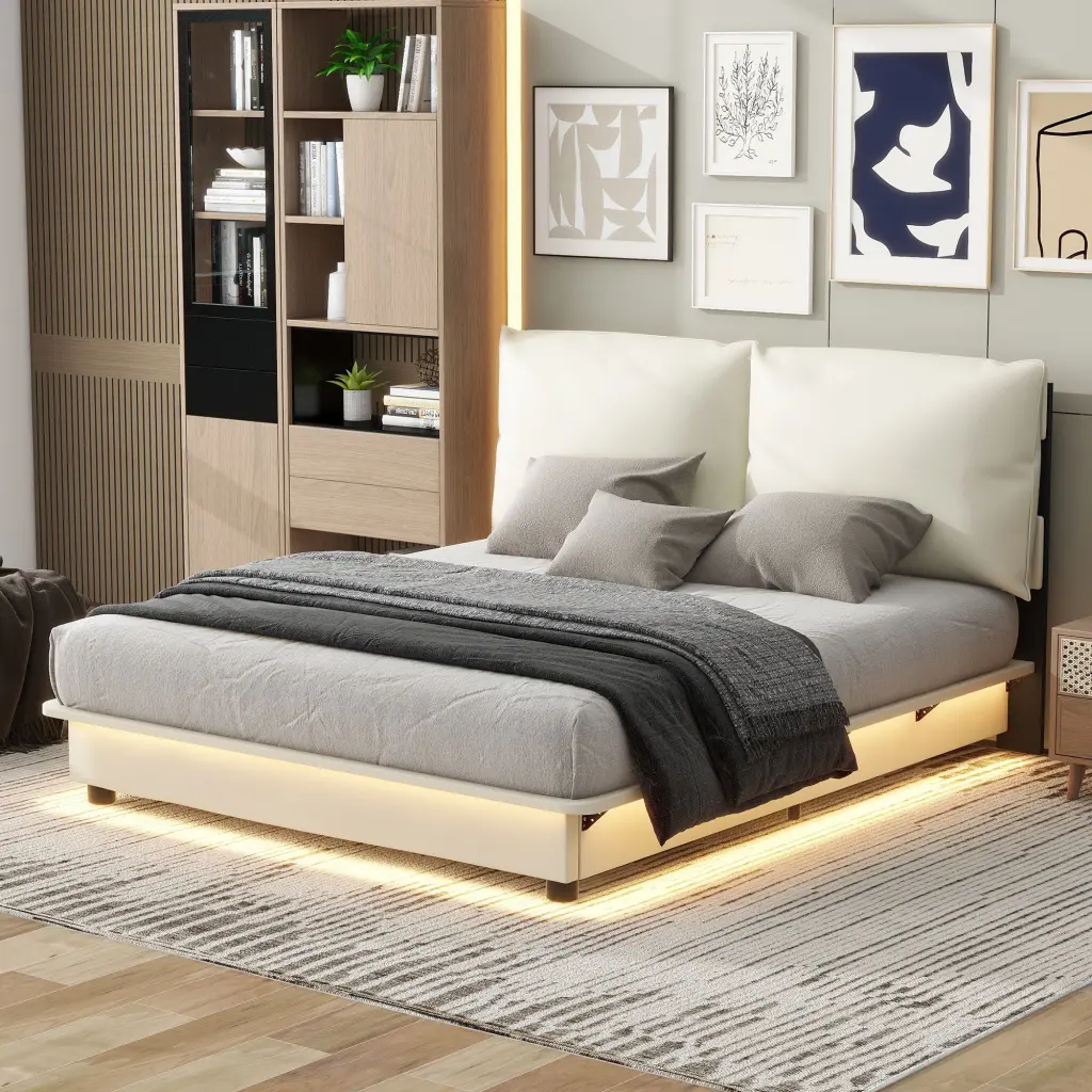 Queen Size Upholstered Platform Bed Sensor Light And Comfort-Fit Design lucky world