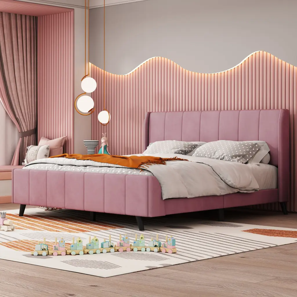 Queen Upholstered Platform Bed Velvet Pink Modern Bedroom Furniture lucky world