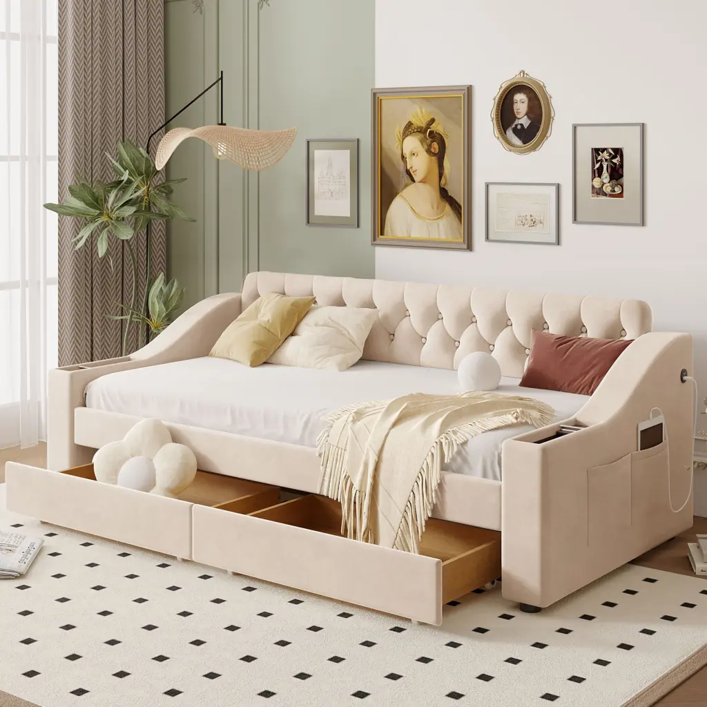 Twin Size Upholstered Daybed Storage Armrests and USB Port Beige lucky world