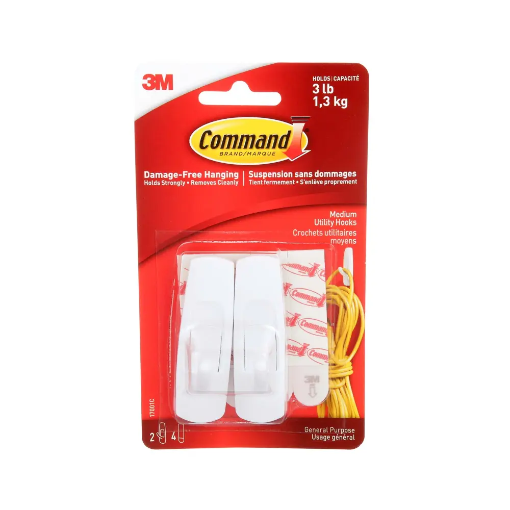 Command White & Medium Utility Hooks, 2 Hooks, 4 Strips per Pack
