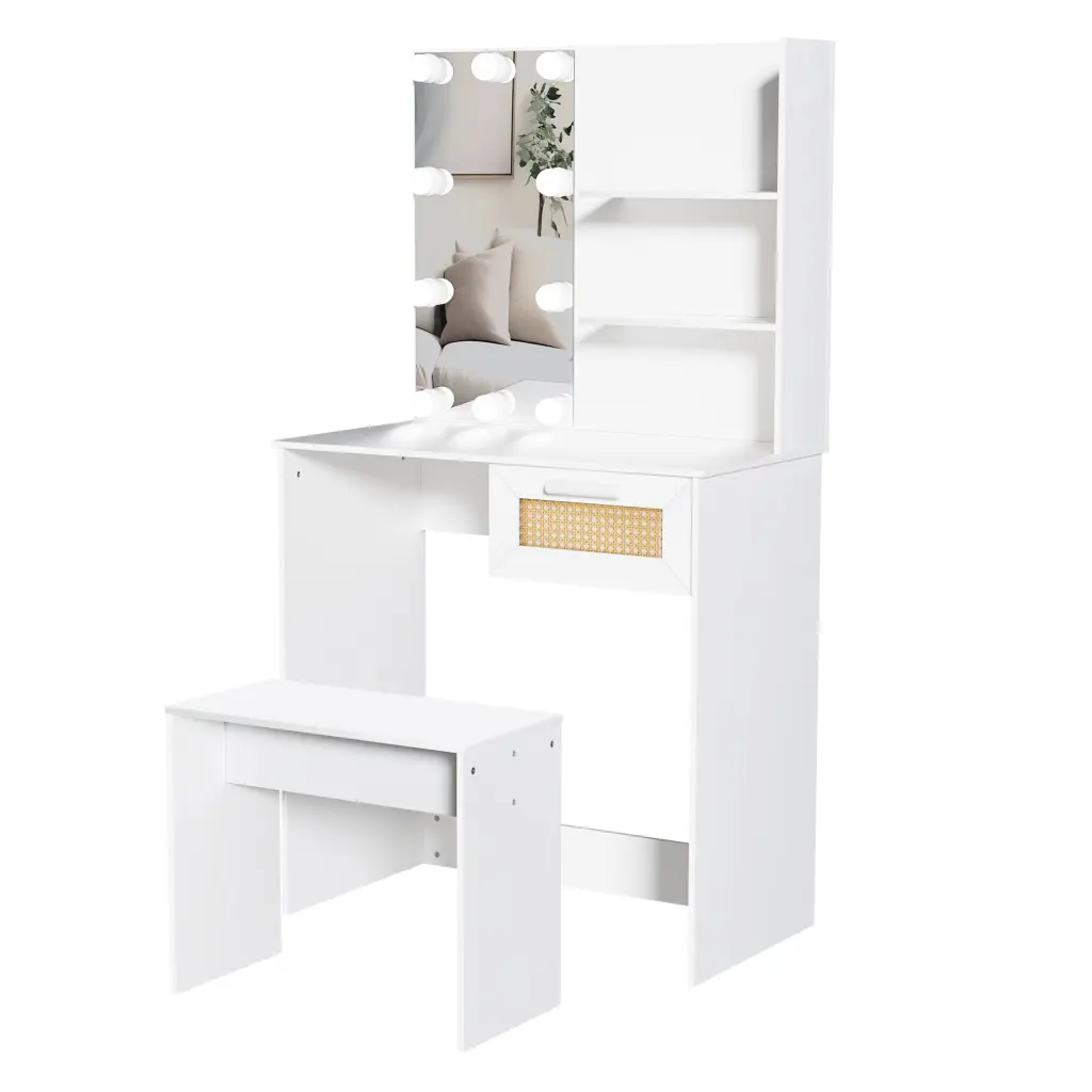 Vanity Desk Set Stool and Dressing Table LED Lighting Mirror and Drawers golden walnut