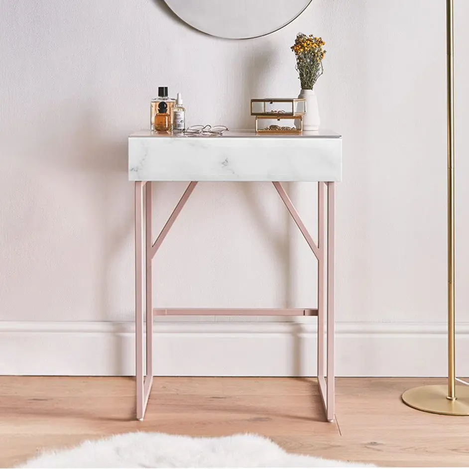 Tempered Crystal Stone Pattern Small Makeup Table Dressing Table Nightstand Mirror hongsing furniture
