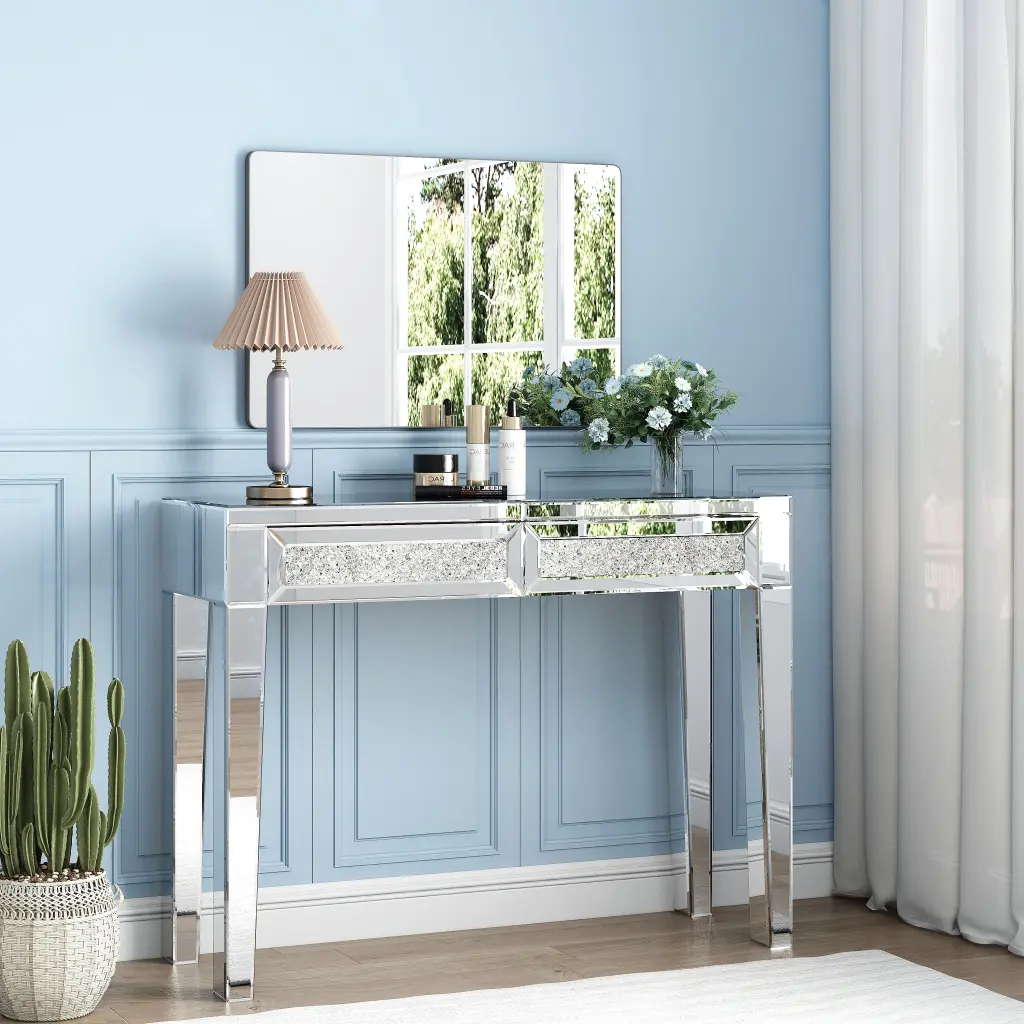 Mirrored Vanity Table Gemstone Inlay and 2 Shiny Metal Drawers glam furniture