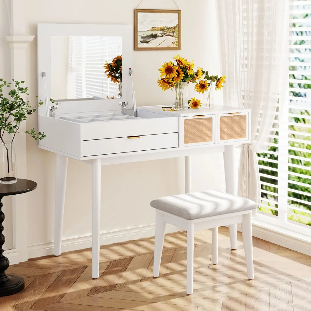 43.3 Inch Timeless Wood Cosmetics Vanity Set Flip Top Mirror and Stool go