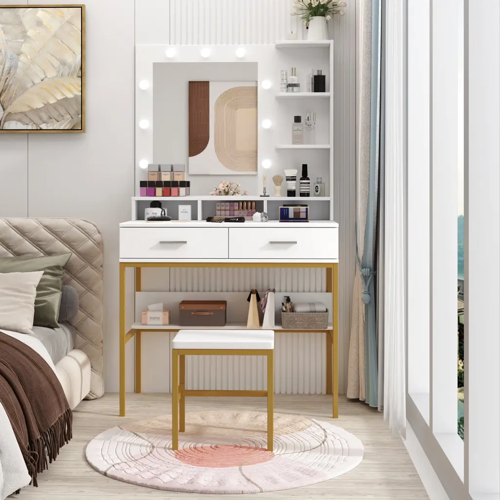 White Modern Effortless Vanity Stool Solid Metallic Frame Construction joysource furniture