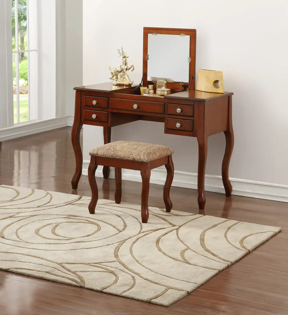 Timeless 1 Piece Vanity Set Stool Cherry Color Drawers and Mirror kanepe
