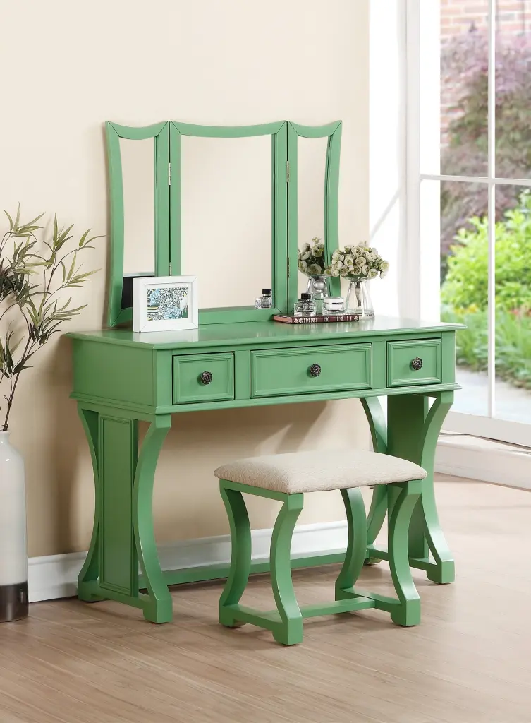 Unique Modern Bedroom Vanity Set Stool Collapsible Mirror Drawers Apple Finish kanepe