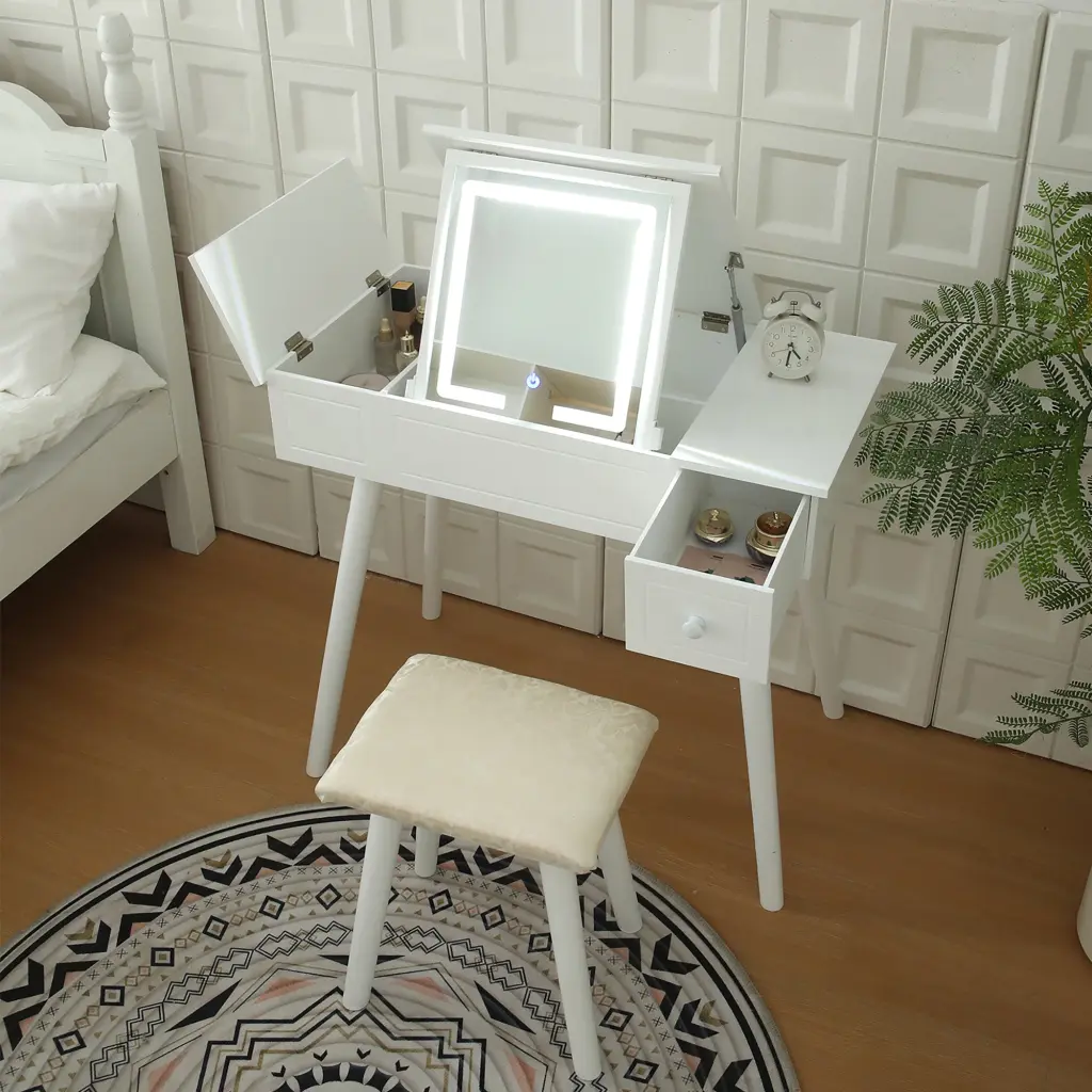 Vanity Desk Set LED Lighted Mirror and Power Outlet Flip Top Design makeup