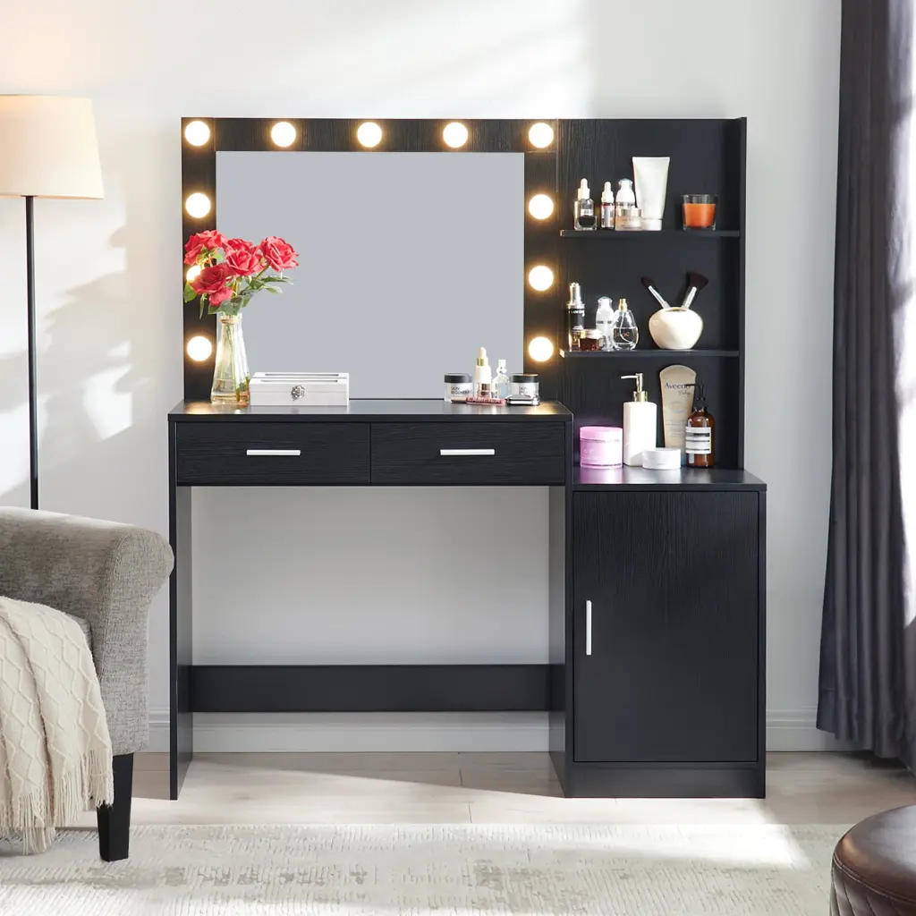 Vanity Desk Mirror and Lights 46.4In Dressing Table 2 Large Drawers mirrotowel