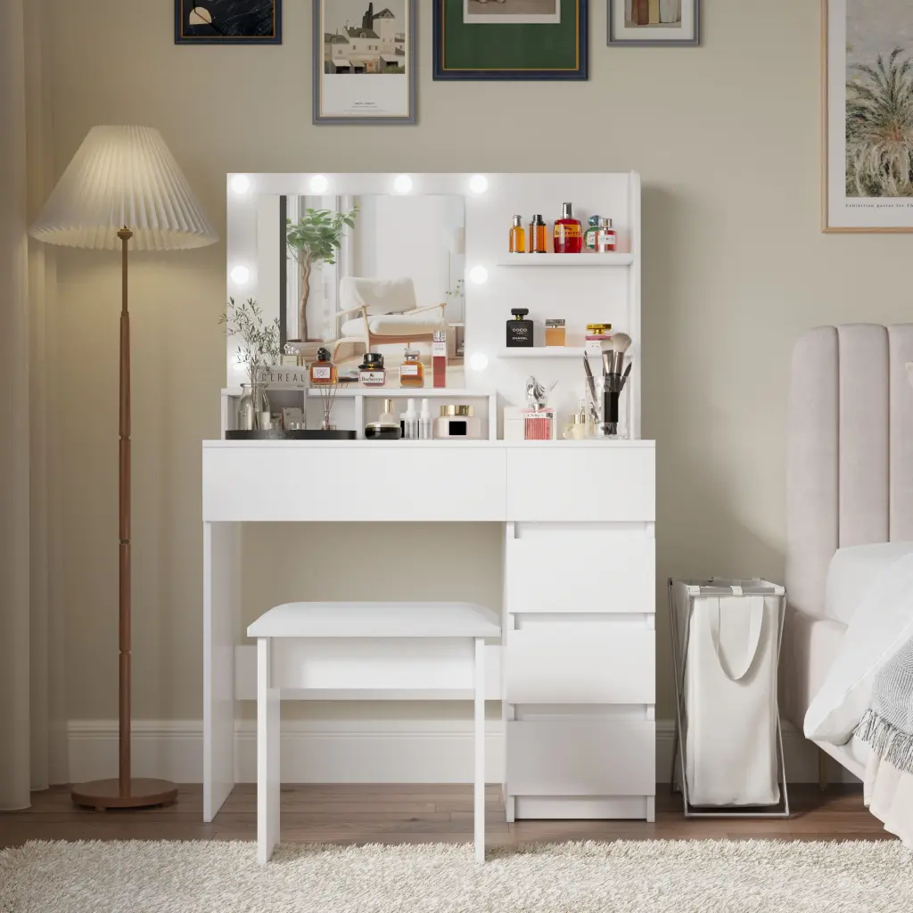 Vanity Makeup Desk Set Mirror & Light Dressing Table Stool rd wood store